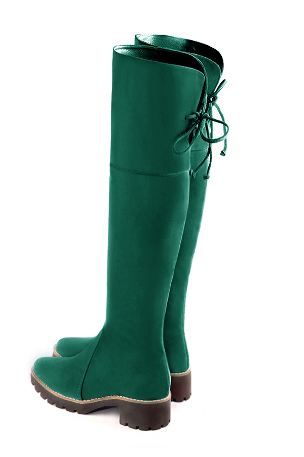 Emerald green women's leather thigh-high boots. Round toe. Low rubber soles. Made to measure. Rear view - Florence KOOIJMAN